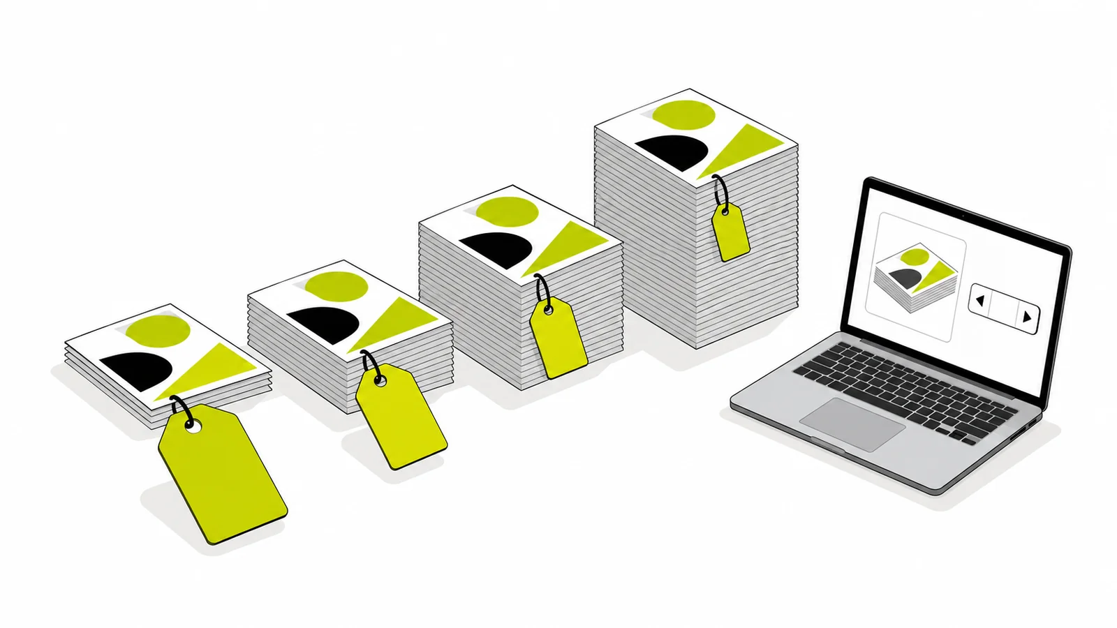 Staffelpreise in Shopify: vier wachsende Flyer-Stapel mit Preisschildern neben einem Online-Shop auf dem Laptop