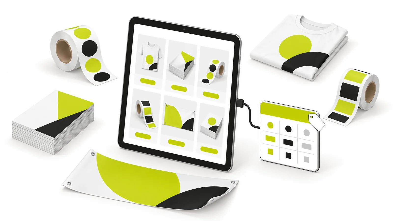 Web-to-Print mit Shopify: Tablet mit Online-Shop, Druckprodukte und angesteckte Preistabelle